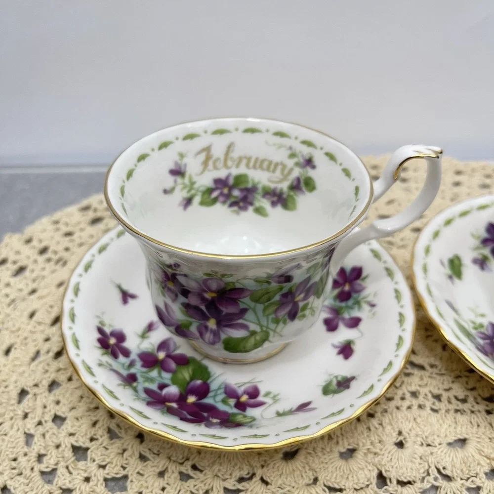 Royal Albert Flower Of The Month February Tea Cup & Saucer Gold Gilding Set Of 4